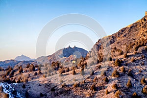 The view on the mountain top is covered with snow, pine trees in the winter are beautiful sunlight