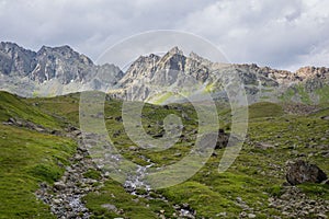 A view of the mountain tops of Silvretta Arena Ischgl. Paznauntal.