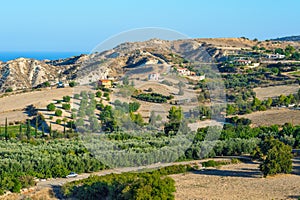 View on mountain village with gardens