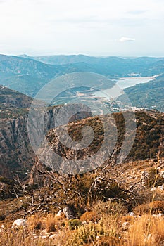 View of mountaine with small lake on Crete