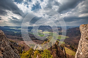 View of the mountainous landscape with rock formations in partly