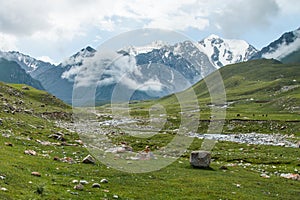 View of mountainous landscape and scenery on a popular tourist hike near Bokonbayevo, Kyrgyzstan