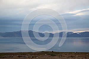 View of mountains across the bay from the community of Pond Inlet, Nunavut, Canada