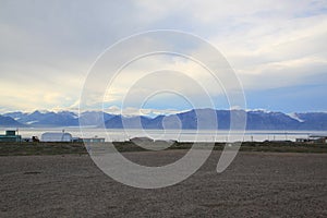 View of mountains across the bay from the community of Pond Inlet, Nunavut, Canada