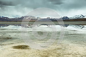 View of mountains and Aguas calientes or Piedras rojas salt Lake in Sico Pass