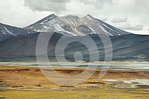 View of mountains and Aguas calientes or Piedras rojas salt Lake in Sico Pass