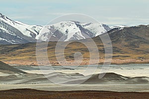 View of mountains and Aguas calientes salt Lake in Sico Pass, Chile