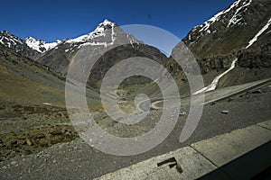 View of mountains in the Andes mountain range near Portillo in summer