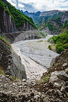 View of mountains Babadag and a muddy river Girdimanchay Lahij yolu from the side in Lahic village, Azerbaijan