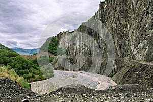 View of mountains Babadag and a muddy river Girdimanchay Lahij yolu from the side in Lahic village, Azerbaijan