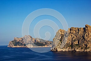 View of Mountains with Beautiful Blue Sea around at the Pointview in the City of Cala Sant Vicent, Mallorca, Spain 2018