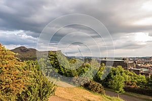 View of Scottish mountains with yellow flowers photo