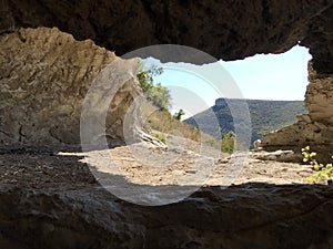 View of the mountains from the cave window. Cave city of ancient Christians Kachi Kalon