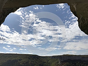 View of the mountains from the cave window. Cave city of ancient Christians Kachi Kalon