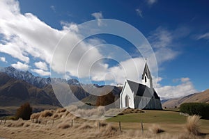 view of the mountains and chapel, with clear blue skies and white clouds