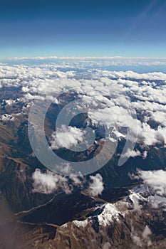 View of mountains and clouds, aerial survey. Caucasus, Krasnodar Territory, Russia