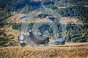 View of mountains in Crimea with off road 4x4 car.