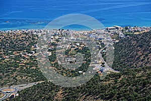 View from the mountains down to bay of Malia, Crete Greece