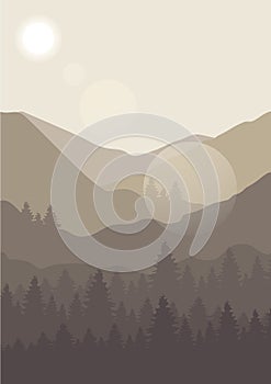 View on mountains with flying birds poster print. Aesthetic minimalist fog forest