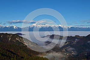 View of mountains Grintovec, Skuta and Kocna in Kamnik-Savinja alps in Slovenia