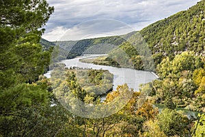 Mountains and the Krka river in the Croatian national park near the town of Skradin