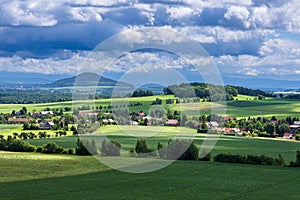 View from the mountains KÃ¶nigshainer Berge to a landscape near Goerlitz, Germany