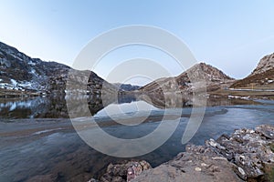 dscape. Enol mountain lake, Covadonga, National Park of Picos de Europa, Spain