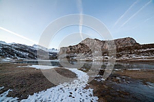 View of mountains landscape. Ercina mountain lake, Covadonga, National Park of Picos de Europa,  Spain