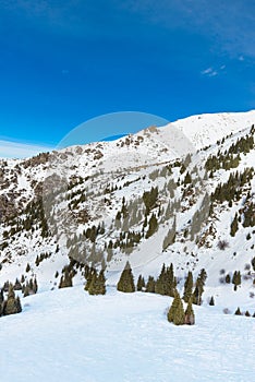 View of the mountains near Shymbulak. Snow Mountains. Almaty