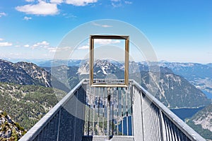 View of the mountains through the picture frame. Viewing platform Five Fingers. Dachstein-Krippenstein. Austria