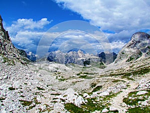 View of mountains Pihavec, Stenar and Bovski Gamsovec in Triglav national park