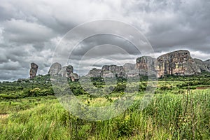 View at the mountains Pungo Andongo, Pedras Negras (black stones), huge geologic rock elements photo