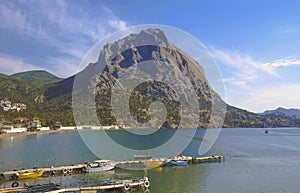 View of the mountains and the sea Bay with piers,small powerboats.Crimea