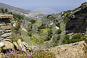 View of the mountains and the sea from the cliff Andros Island, Greece, Cyclades