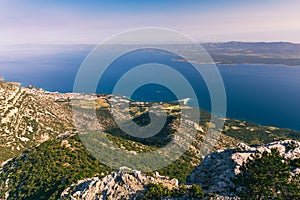 View on mountains and sea from Vidova Gora on Brac island. View from the mountain Vidova Gora on the island Brac in Croatia with