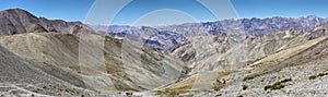 View of mountains and snow capped peaks of himalaya`s from Ganda La Pass in Markha Valley Trek, Ladakh, India