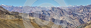 View of mountains and snow capped peaks of himalaya`s from Ganda La Pass in Markha Valley Trek, Ladakh, India