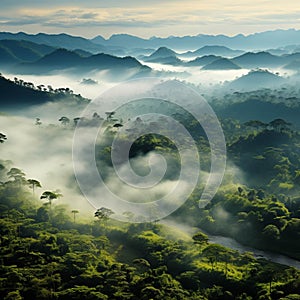 View From Mountains to the Valley Covered with Foggy. Mountains in the fog. Foggy morning Landscape.