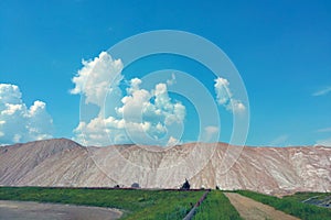 View of the mountains of waste ore, salt mining.
