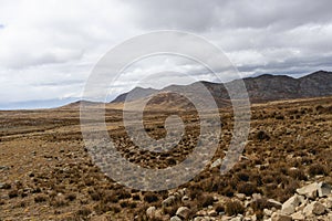 View of the mountains, yellow meadows, some vegetation and rocks