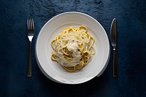 view A mouthwatering display of spaghetti alla carbonara captured in foodgraphy