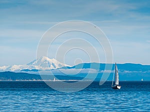 View on Mt. Baker from Vancouver Island, Canada, with sailboats