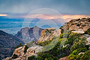 View from Mt. Lemmon of Tucson Arizona with monsoon sky and rain