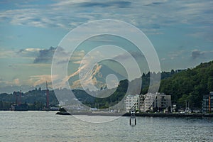 View of Mt. Rainier from Elliott Bay Overlooking West Seattle and Alki Beach.