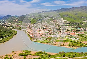 View of Mtskheta located at the meeting of Kura and Aragvi rivers. Unesco town Mtskheta in Georgia