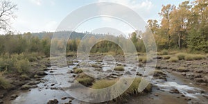 A view of a muddy riverbed with clumps of grass and trees under a cloudy sky in the daytime