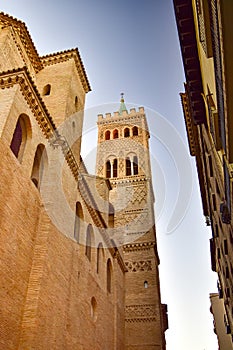 View of the Mudejar tower of the church of San Gil on Calle Don Jaime in Saragossa, Spain