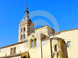 View of the Mudéjar style brick bell tower of the Church of San Martin in Segovia, Spain