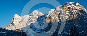 View from Muerren, a village in Switzerland to the mountains Jungfrau and Eiger