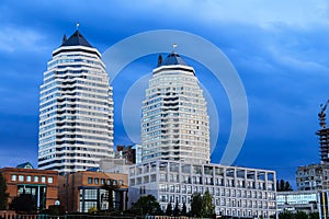 View of multi-storey buildings, skyscrapers and towers of the Dnipro city in the evening, Dnepropetrovsk,